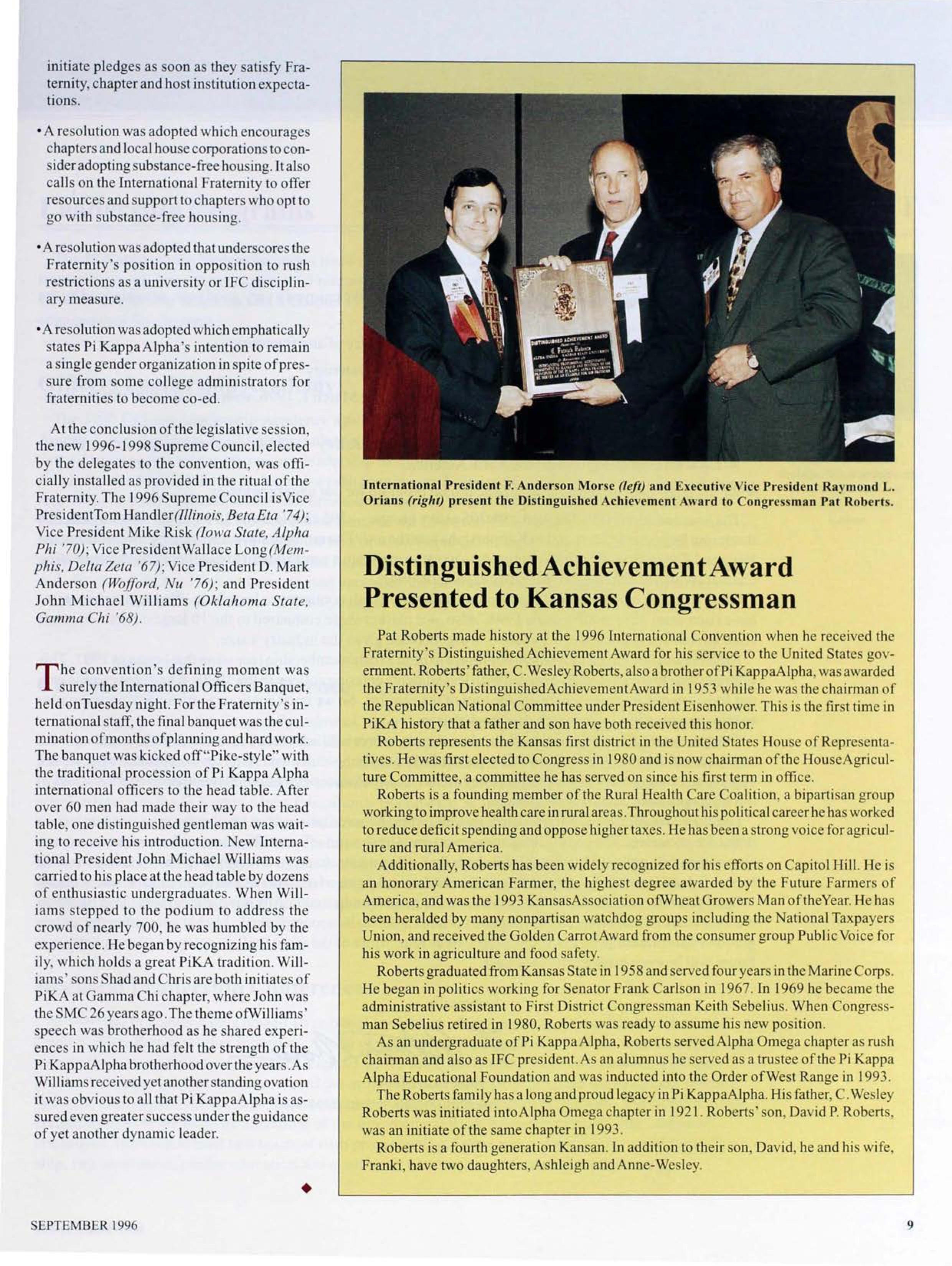 Distinguished Achievement Award Presented to Kansas Congressman